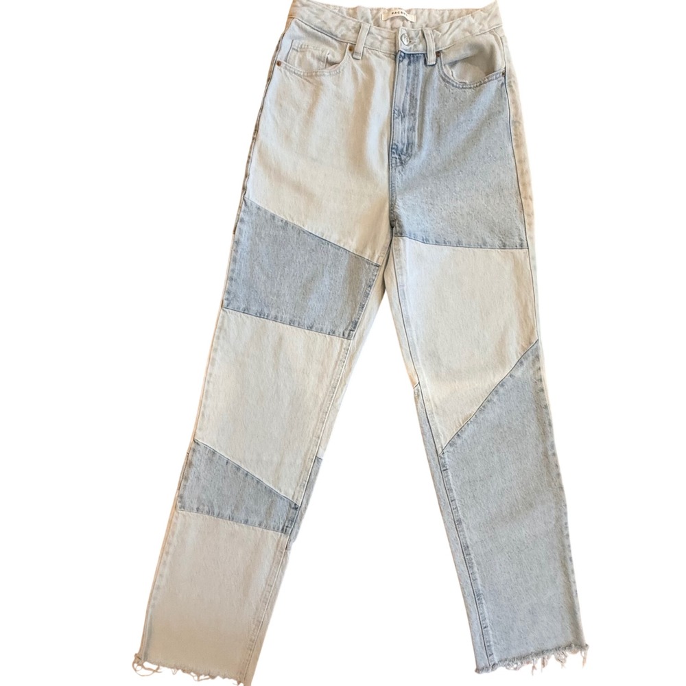 PacSun Patchwork High Waisted Straight Leg Jeans Light Wash Blue Denim 26